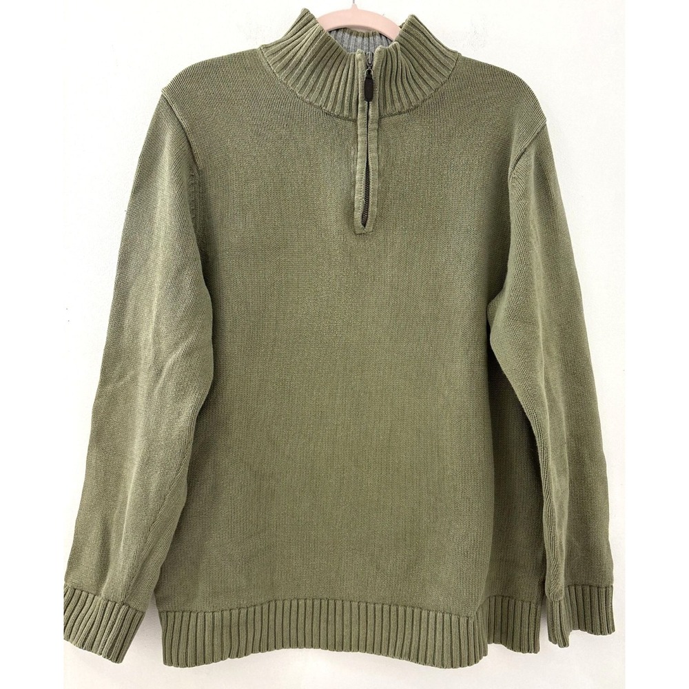 L.L. Bean Mens Medium Tall Olive Green Cotton Quarter Zip Shaker Stitch Sweater